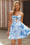 White Blue Flower Corset Cut Out Strapless Short Prom Dress
