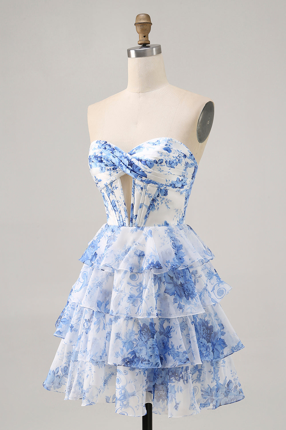 Strapless White Blue Flower Corset Cocktail Dress