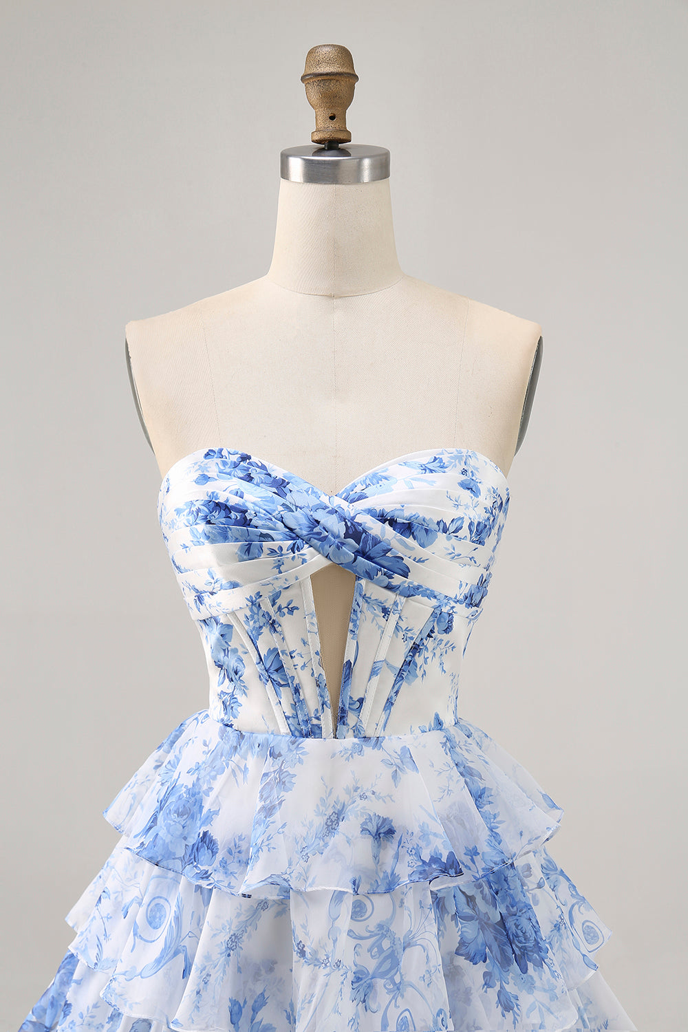 Strapless White Blue Flower Corset Cocktail Dress