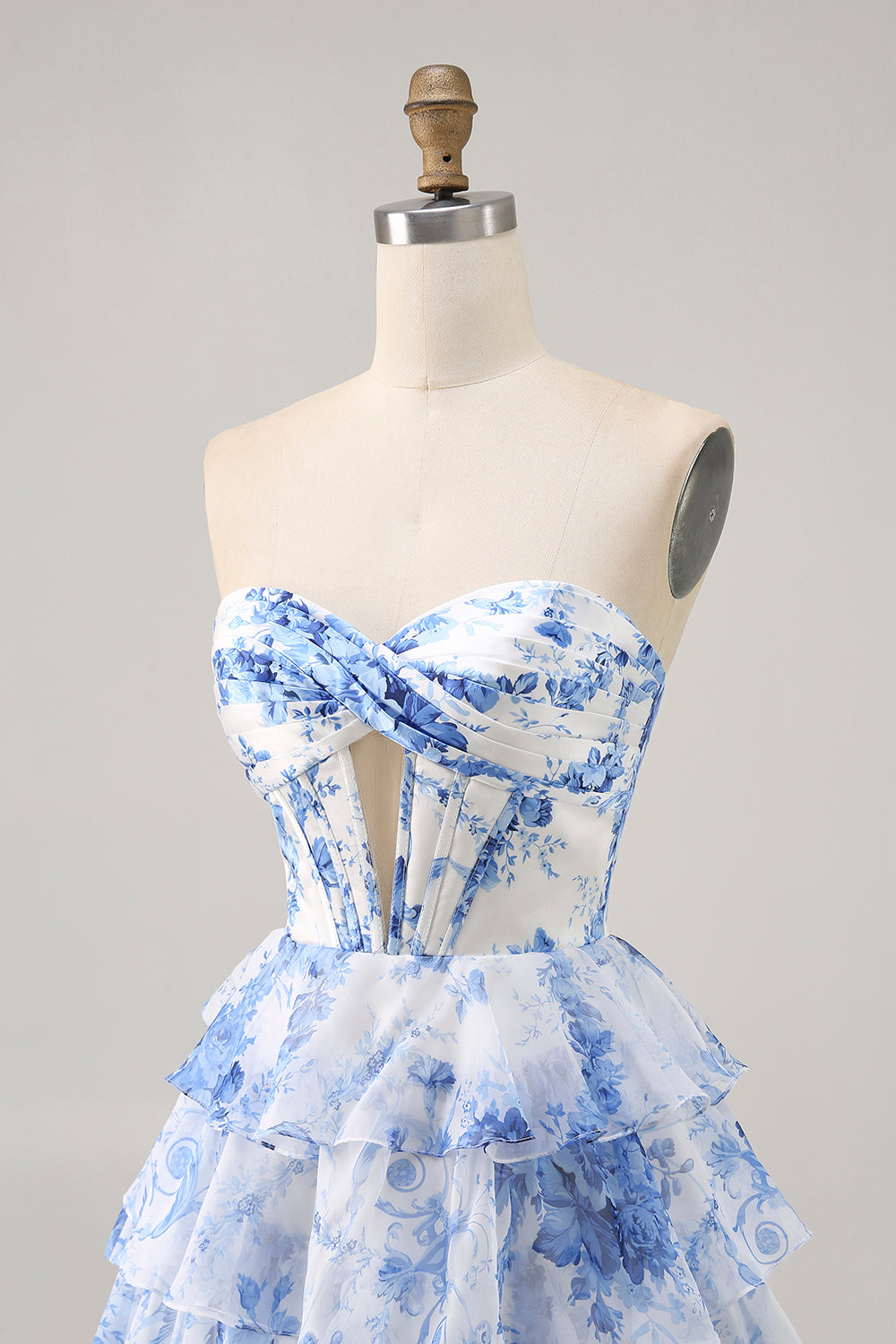 Strapless White Blue Flower Corset Cocktail Dress