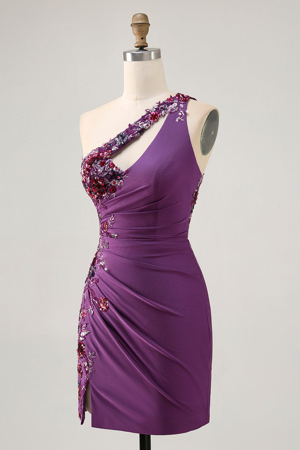 Dark Purple One Shoulder Bodycon Cocktail Dress with Appliques