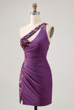 Dark Purple One Shoulder Bodycon Cocktail Dress with Appliques
