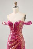 Sparkly Fuchsia Off The Shoulder Bodycon Sequin Short Prom Dress