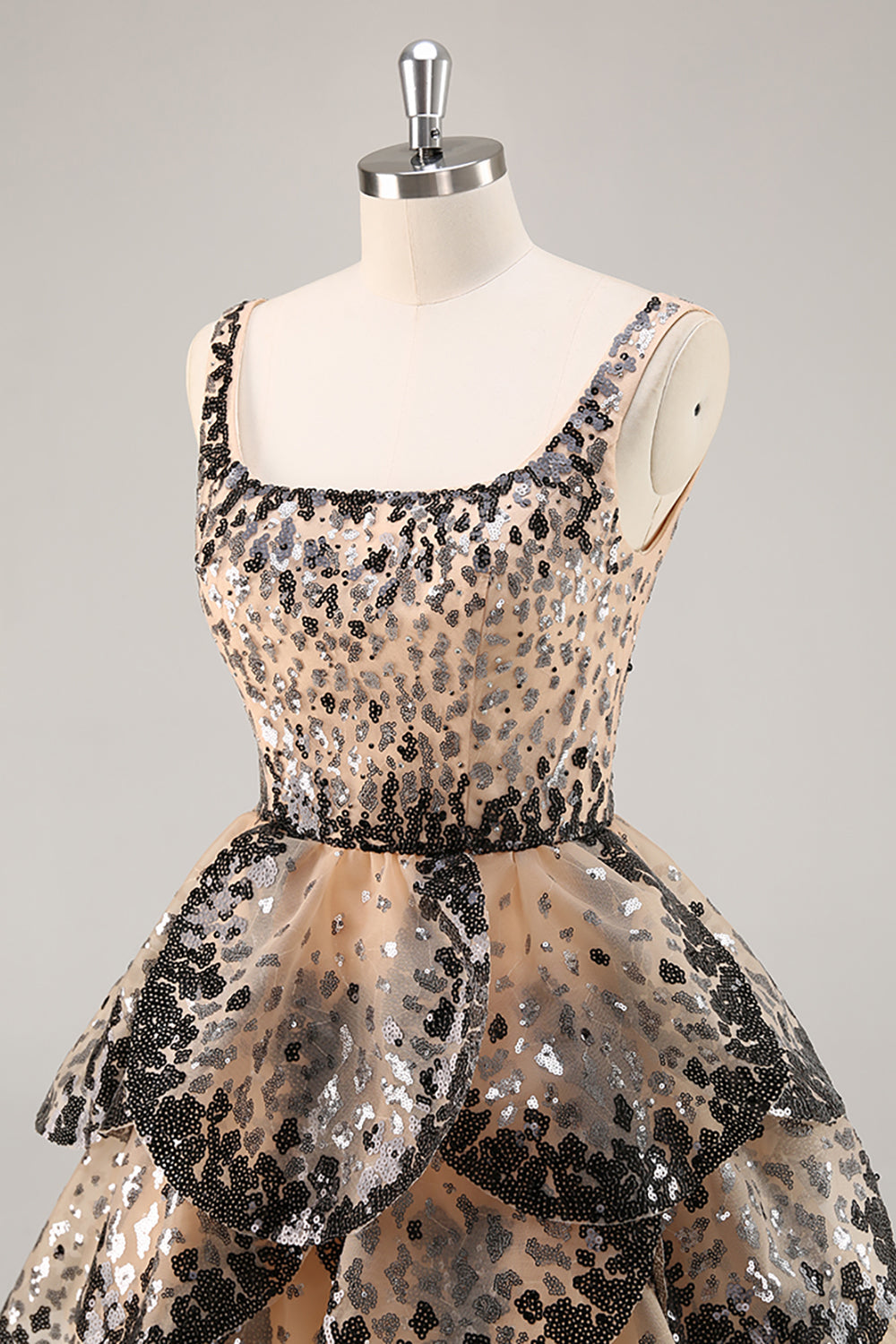 Black Apricot Sequined Tiered A Line Cocktail Dress