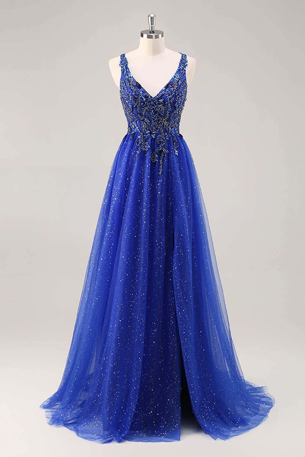 Glitter Royal Blue Beaded A Line Long Prom Dress with Slit