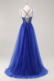 Glitter Royal Blue Beaded A Line Long Prom Dress with Slit