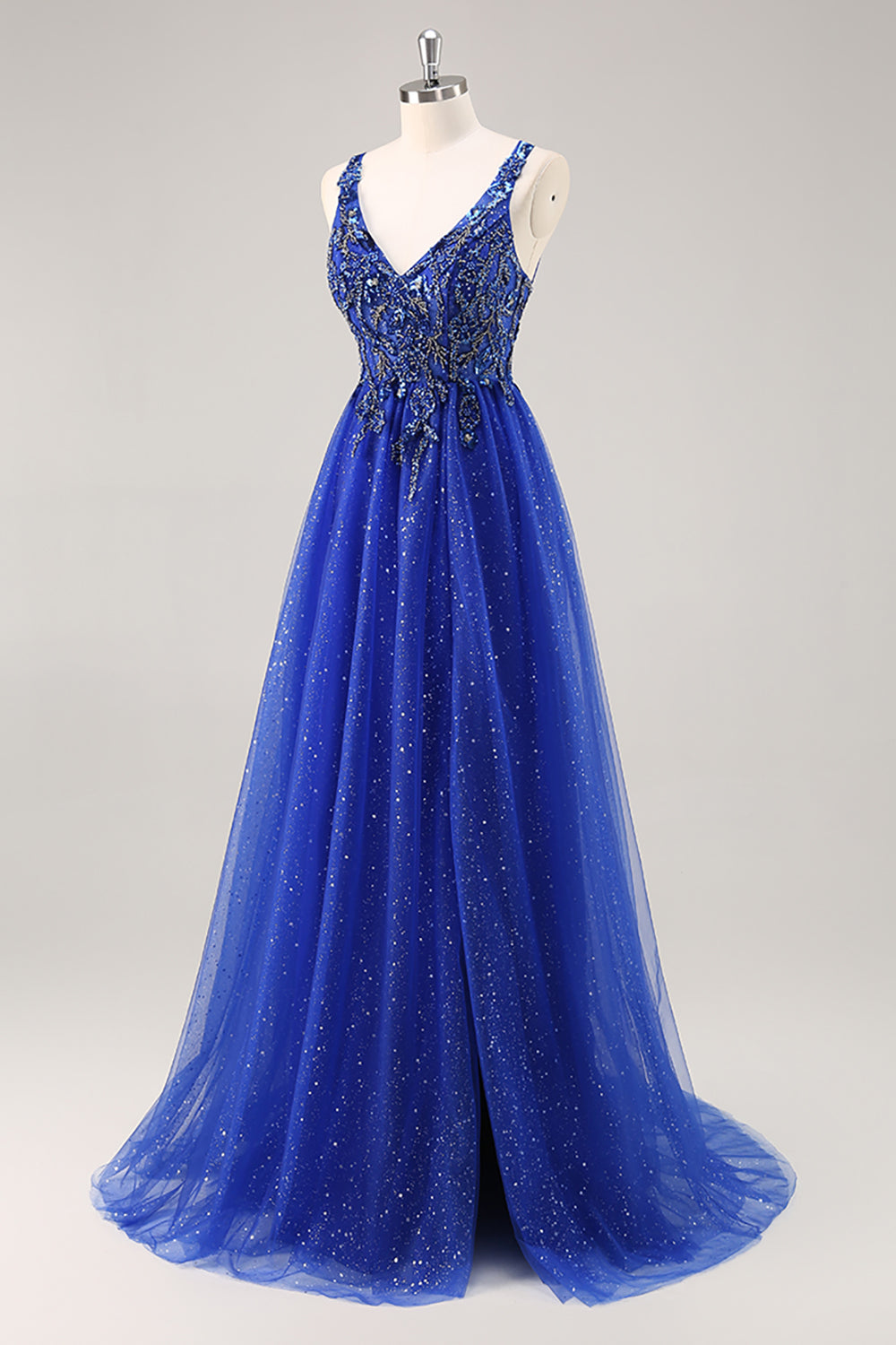 Glitter Royal Blue Beaded A Line Long Prom Dress with Slit