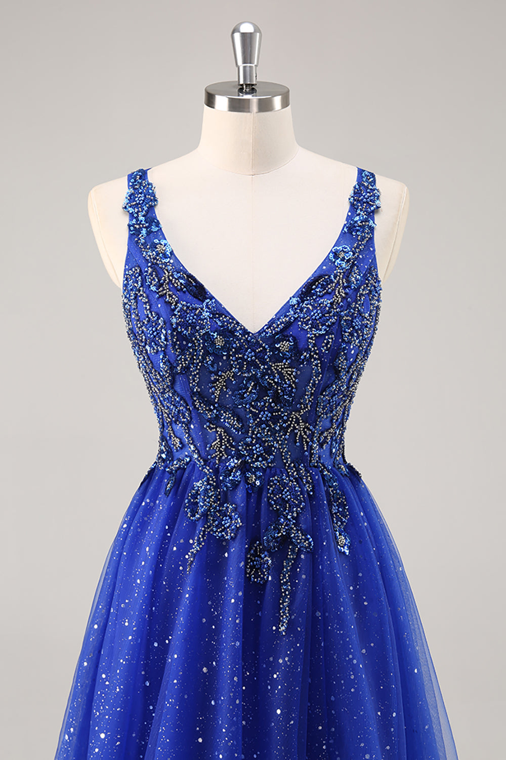 Glitter Royal Blue Beaded A Line Long Prom Dress with Slit