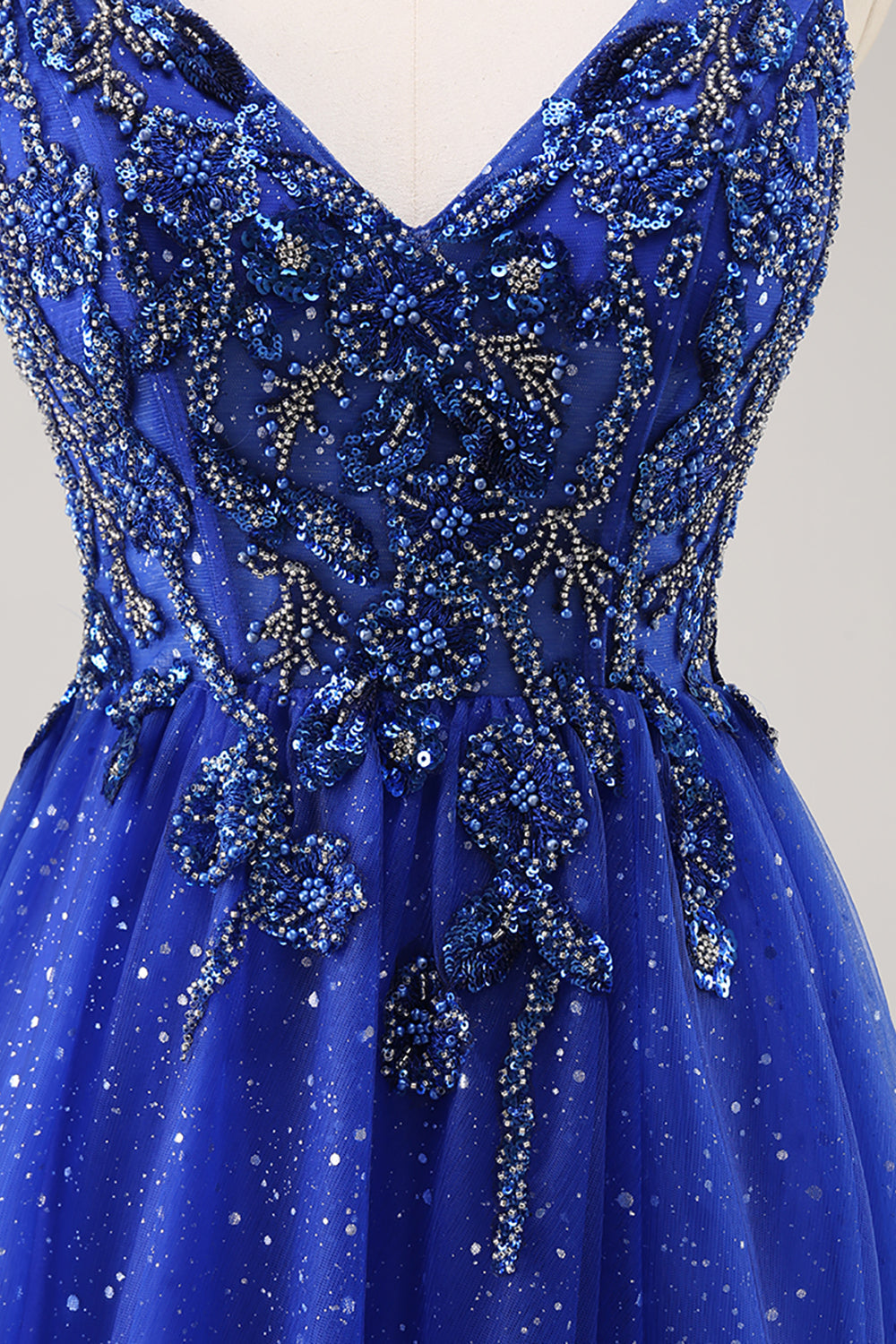 Glitter Royal Blue Beaded A Line Long Prom Dress with Slit