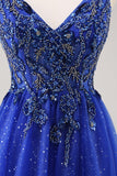 Glitter Royal Blue Beaded A Line Long Prom Dress with Slit