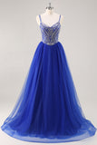 Royal Blue A Line Long Prom Dress with Beadings