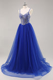 Royal Blue A Line Long Prom Dress with Beadings
