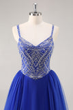 Royal Blue A Line Long Prom Dress with Beadings