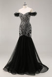 Off the Shoulder Beaded Mermaid Black Prom Dress