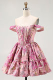 Off The Shoulder Printed A-Line Corset Cocktail Dress