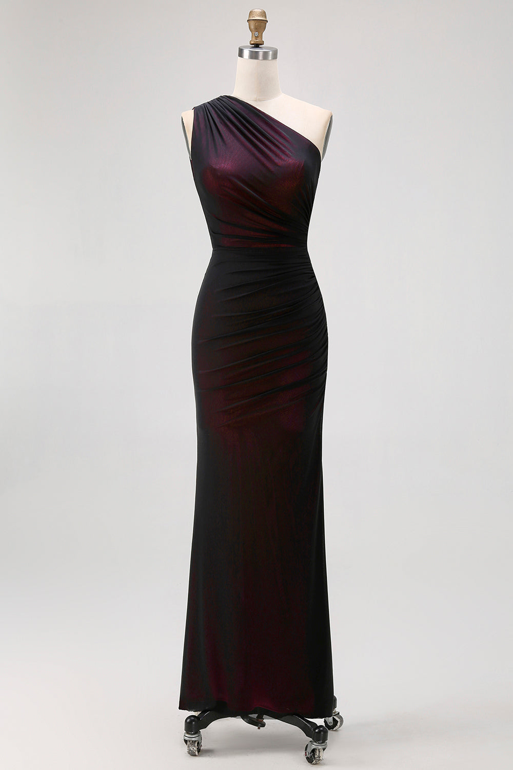 One Shoulder Black Pink Sheath Long Bridesmaid Dress with Slit