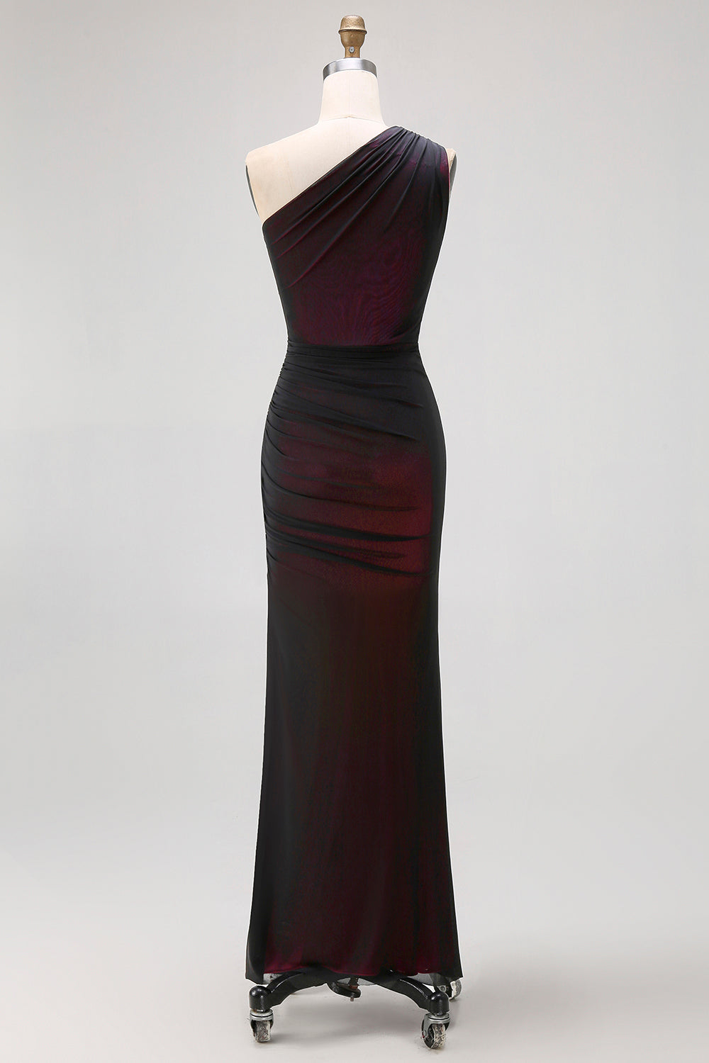 One Shoulder Black Pink Sheath Long Bridesmaid Dress with Slit