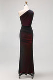 One Shoulder Black Pink Sheath Long Bridesmaid Dress with Slit