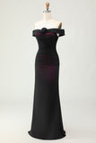 Off the Shoulder Sheath Black Pink Bridesmaid Dress with 3D Flower