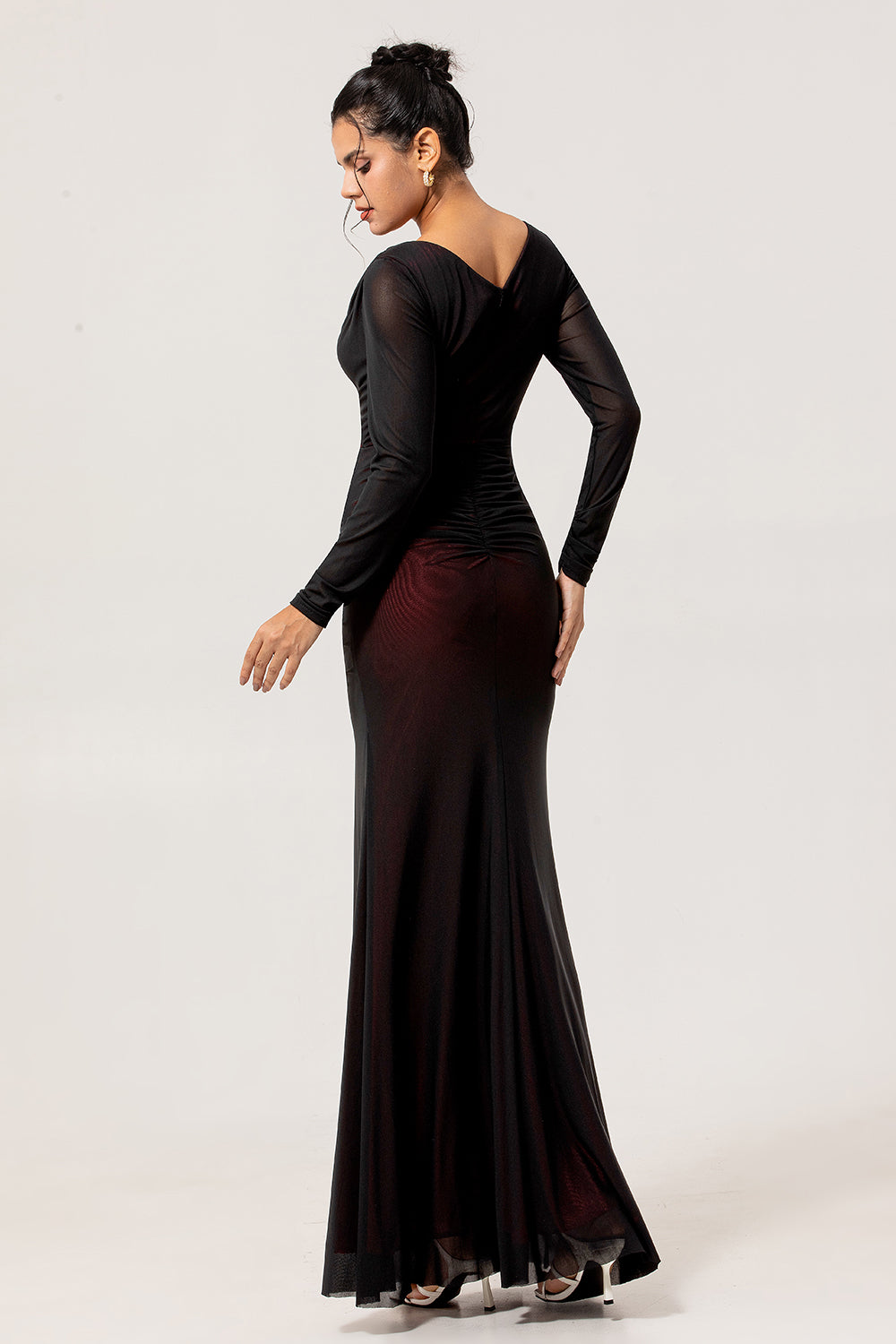 Black Red Ruched Sheath Long Sleeve Bridesmaid Dress with Slit