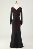 Black Red Ruched Sheath Long Sleeve Bridesmaid Dress with Slit