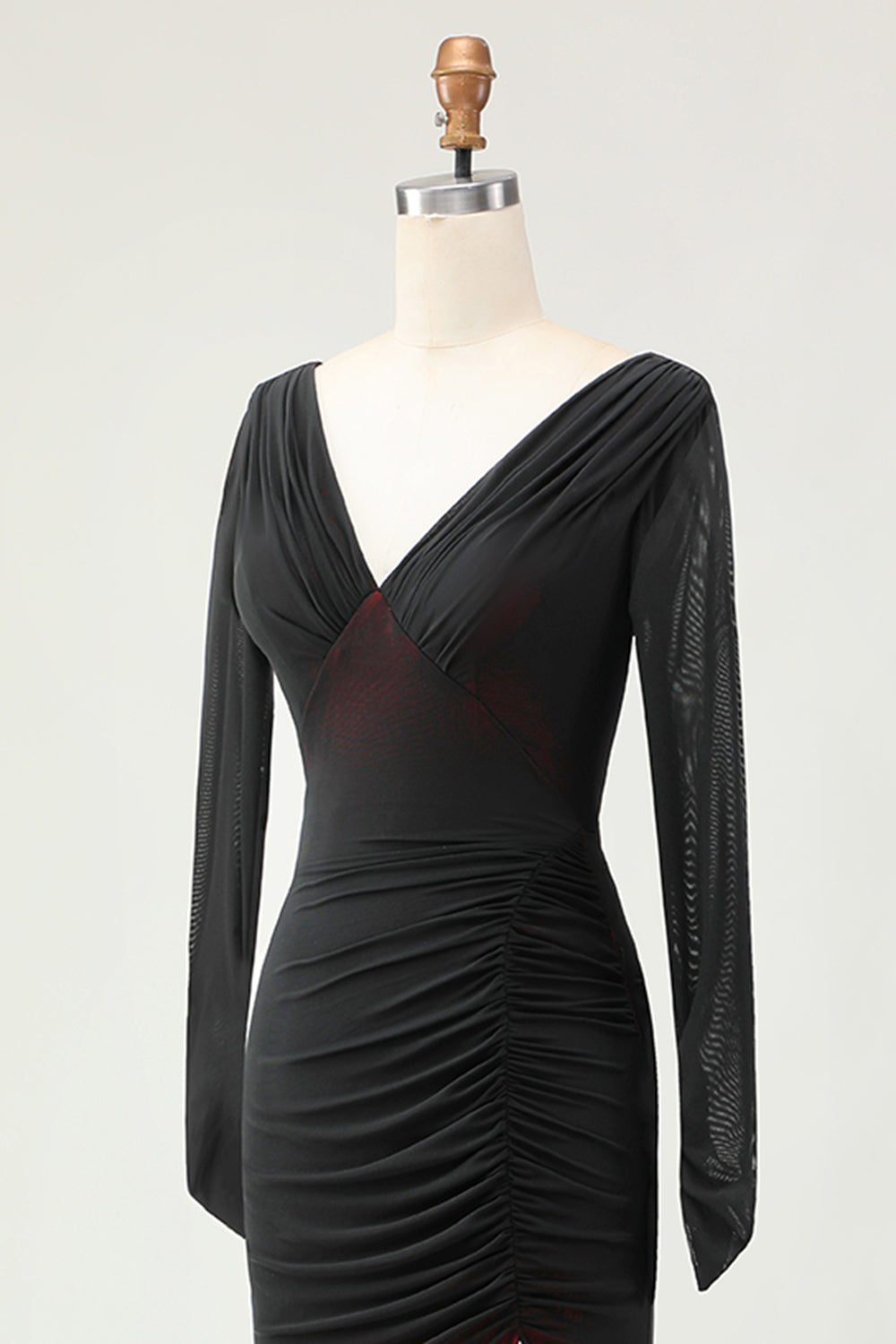 Black Red Ruched Sheath Long Sleeve Bridesmaid Dress with Slit