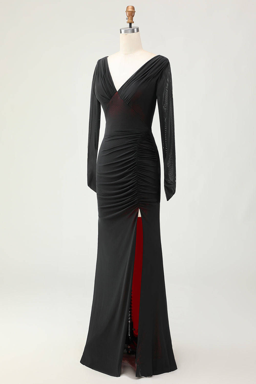 Black Red Ruched Sheath Long Sleeve Bridesmaid Dress with Slit