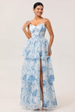 White Blue Flower A Line Printed Tiered Long Bridesmaid Dress with Slit