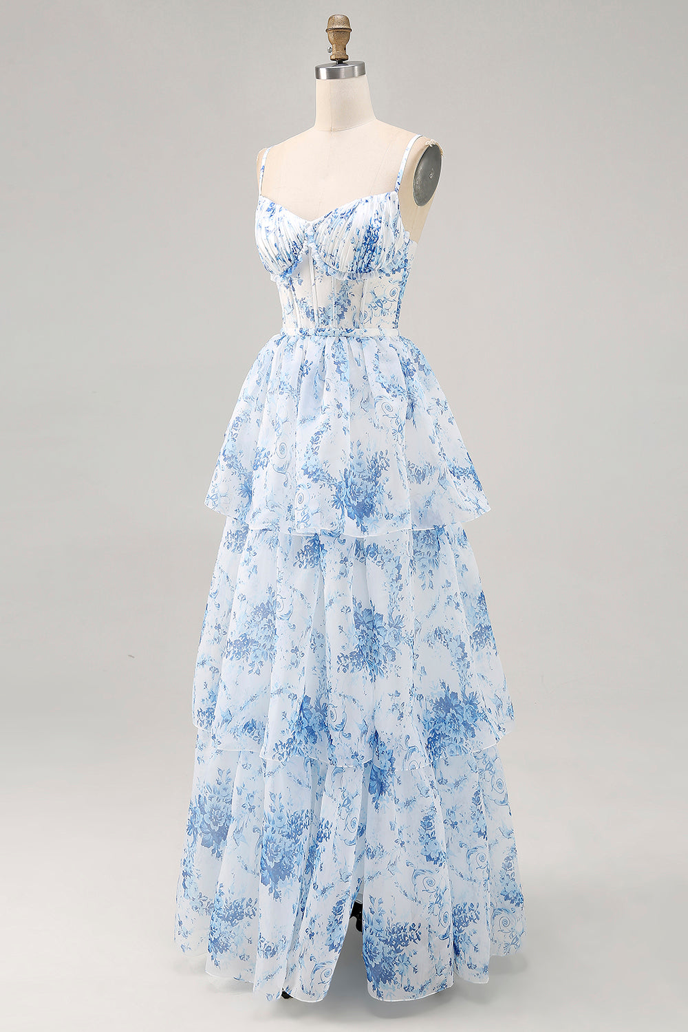 White Blue Flower A Line Printed Tiered Bridesmaid Dress with Slit