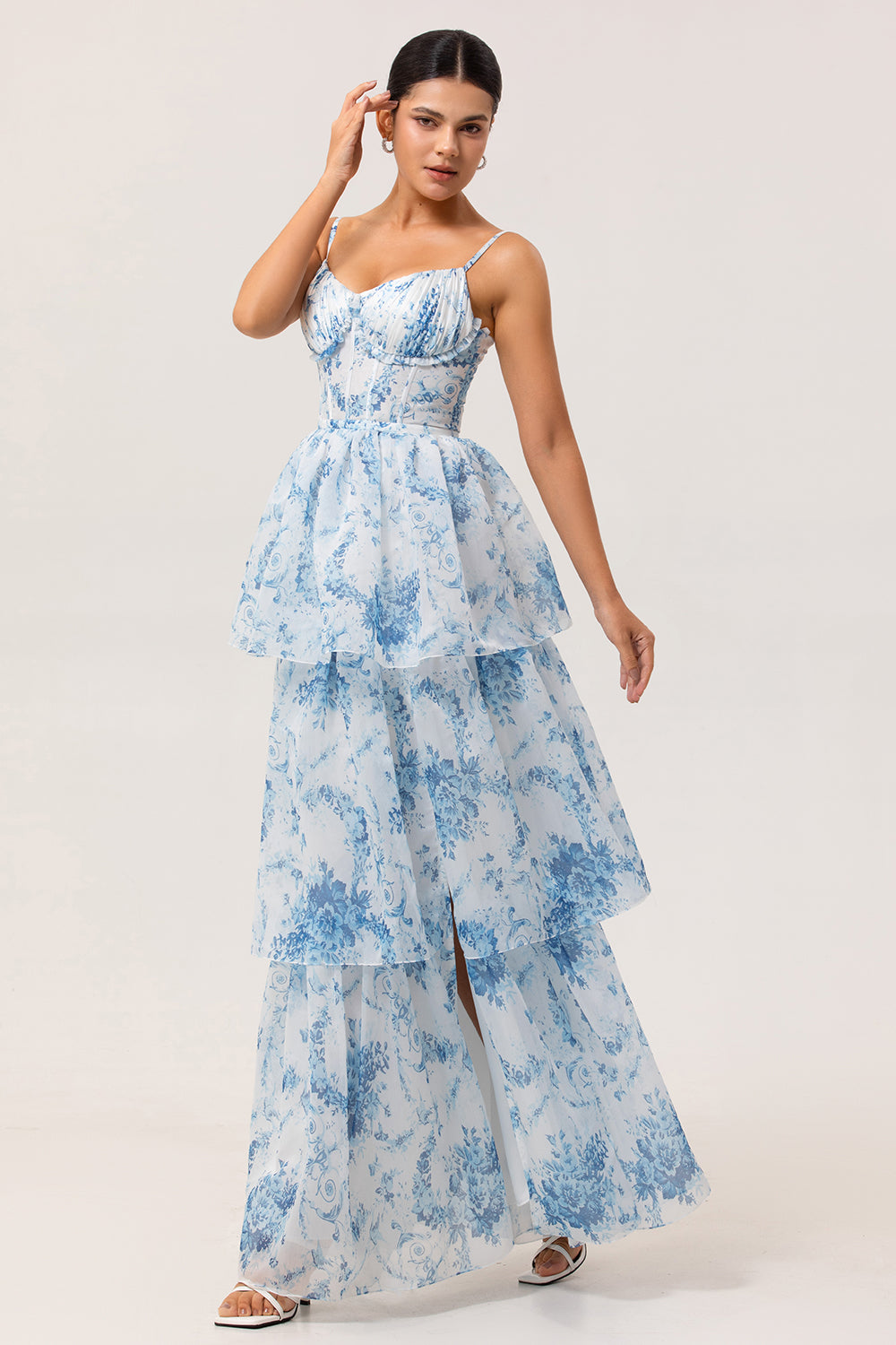 White Blue Flower A Line Printed Tiered Long Bridesmaid Dress with Slit