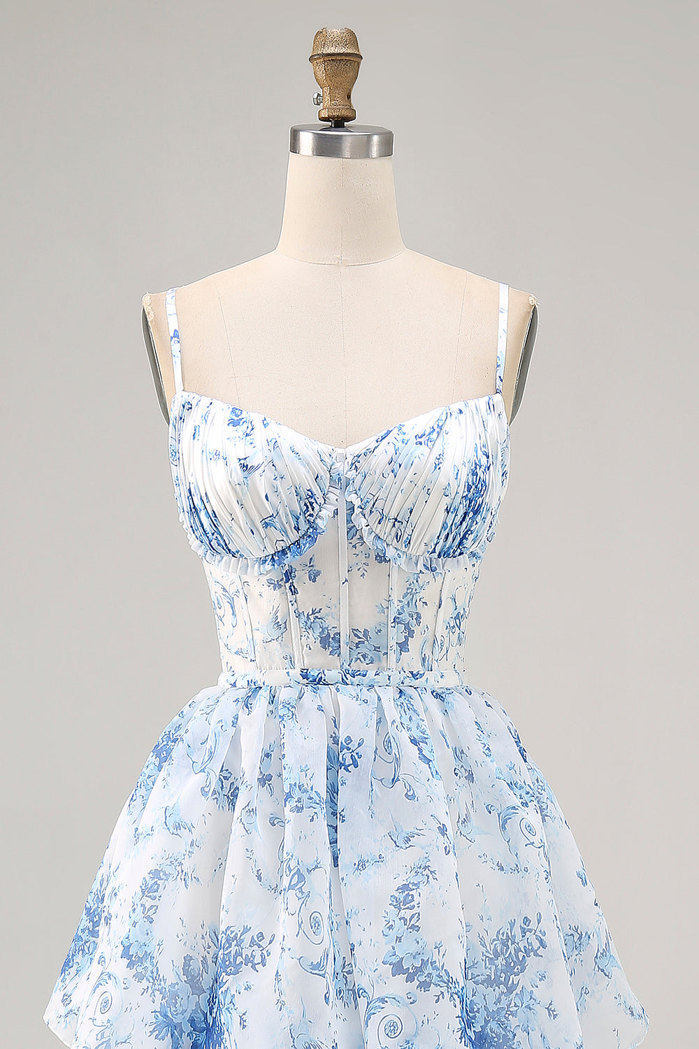 White Blue Flower A Line Printed Tiered Bridesmaid Dress with Slit