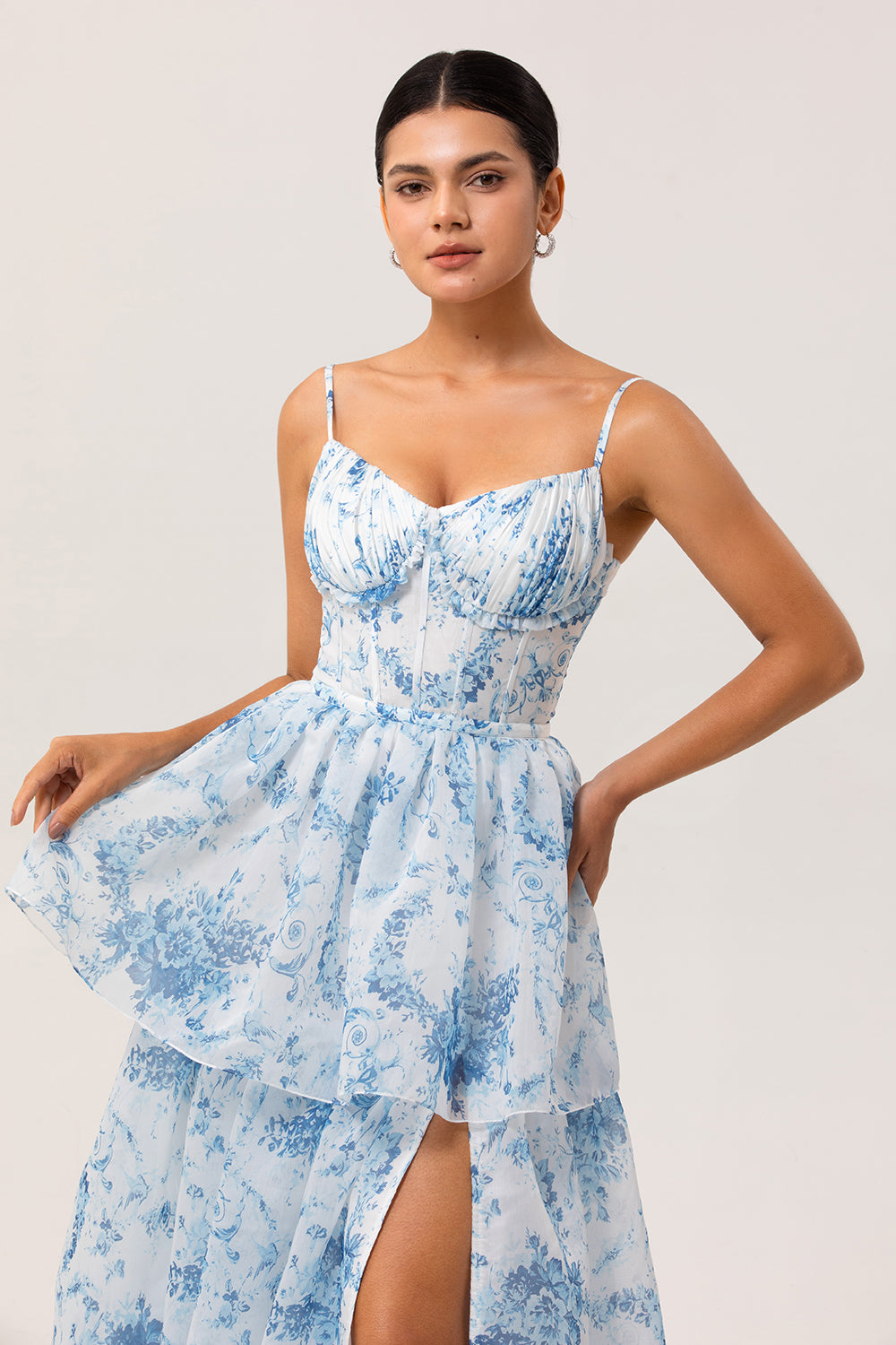 White Blue Flower A Line Printed Tiered Long Bridesmaid Dress with Slit