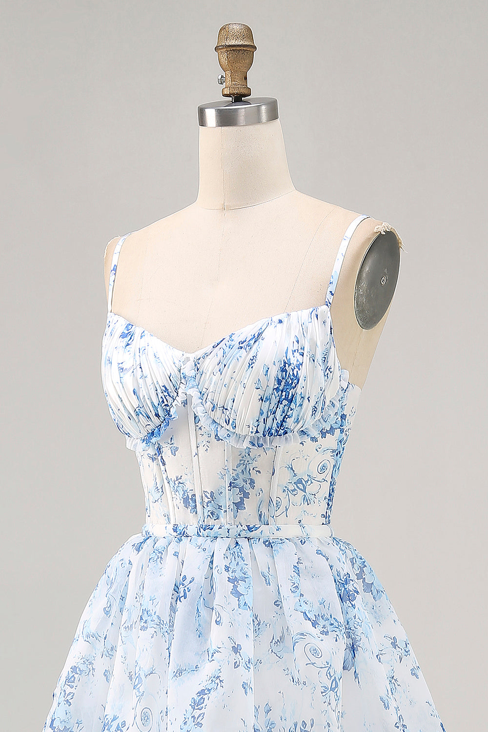 White Blue Flower A Line Printed Tiered Bridesmaid Dress with Slit
