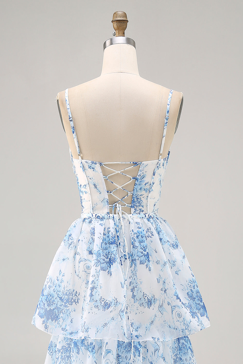 White Blue Flower A Line Printed Tiered Bridesmaid Dress with Slit