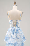 White Blue Flower A Line Printed Tiered Bridesmaid Dress with Slit