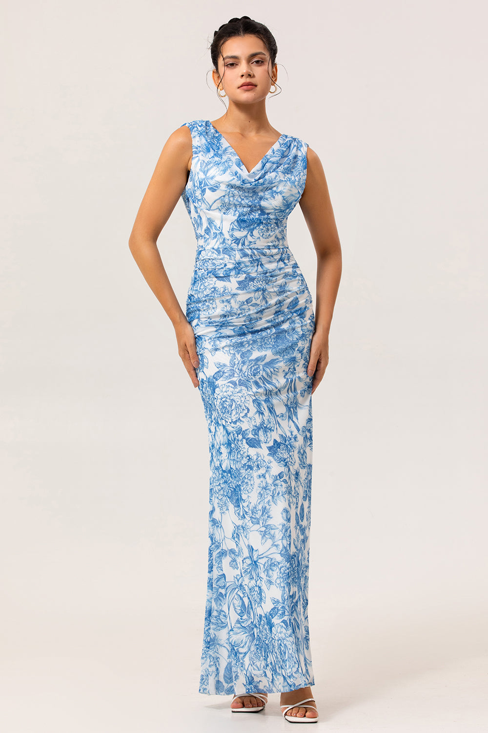 Blue Flower Cowl Neck Sheath Print Long Bridesmaid Dress with Slit