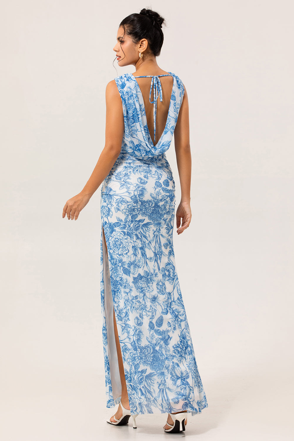 Blue Flower Cowl Neck Sheath Print Long Bridesmaid Dress with Slit