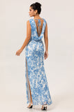 Blue Flower Cowl Neck Sheath Print Long Bridesmaid Dress with Slit