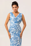 Blue Flower Cowl Neck Sheath Print Long Bridesmaid Dress with Slit