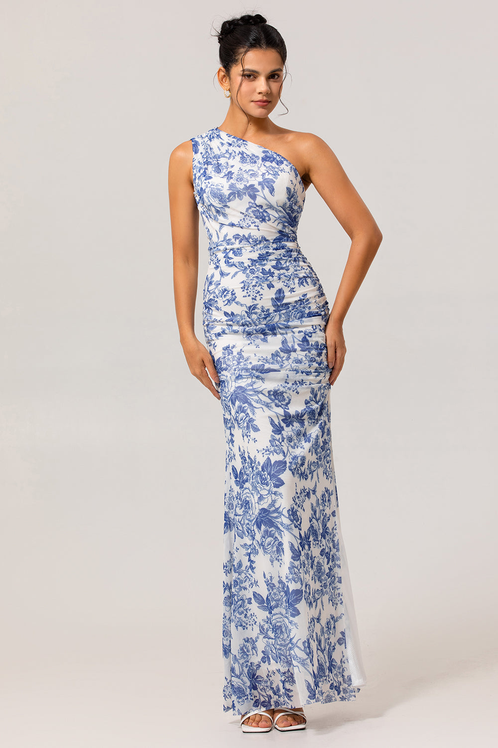 One Shoulder Sheath White Blue Flower Printed Long Bridesmaid Dress with Slit