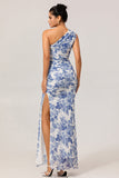 One Shoulder Sheath White Blue Flower Printed Long Bridesmaid Dress with Slit