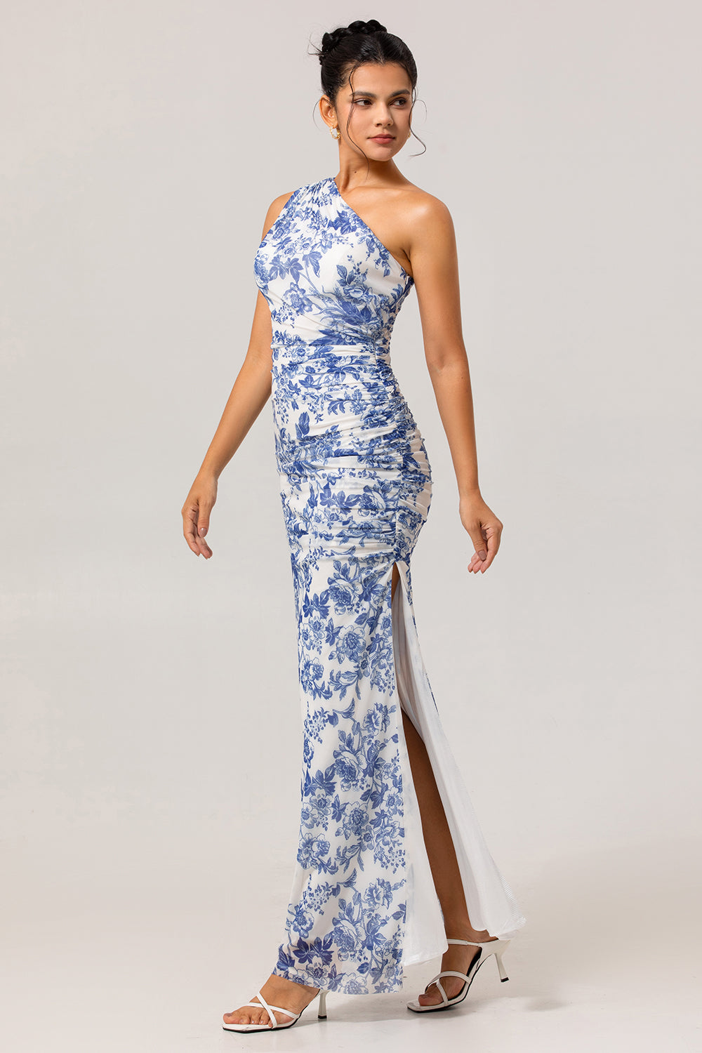 One Shoulder Sheath White Blue Flower Printed Long Bridesmaid Dress with Slit
