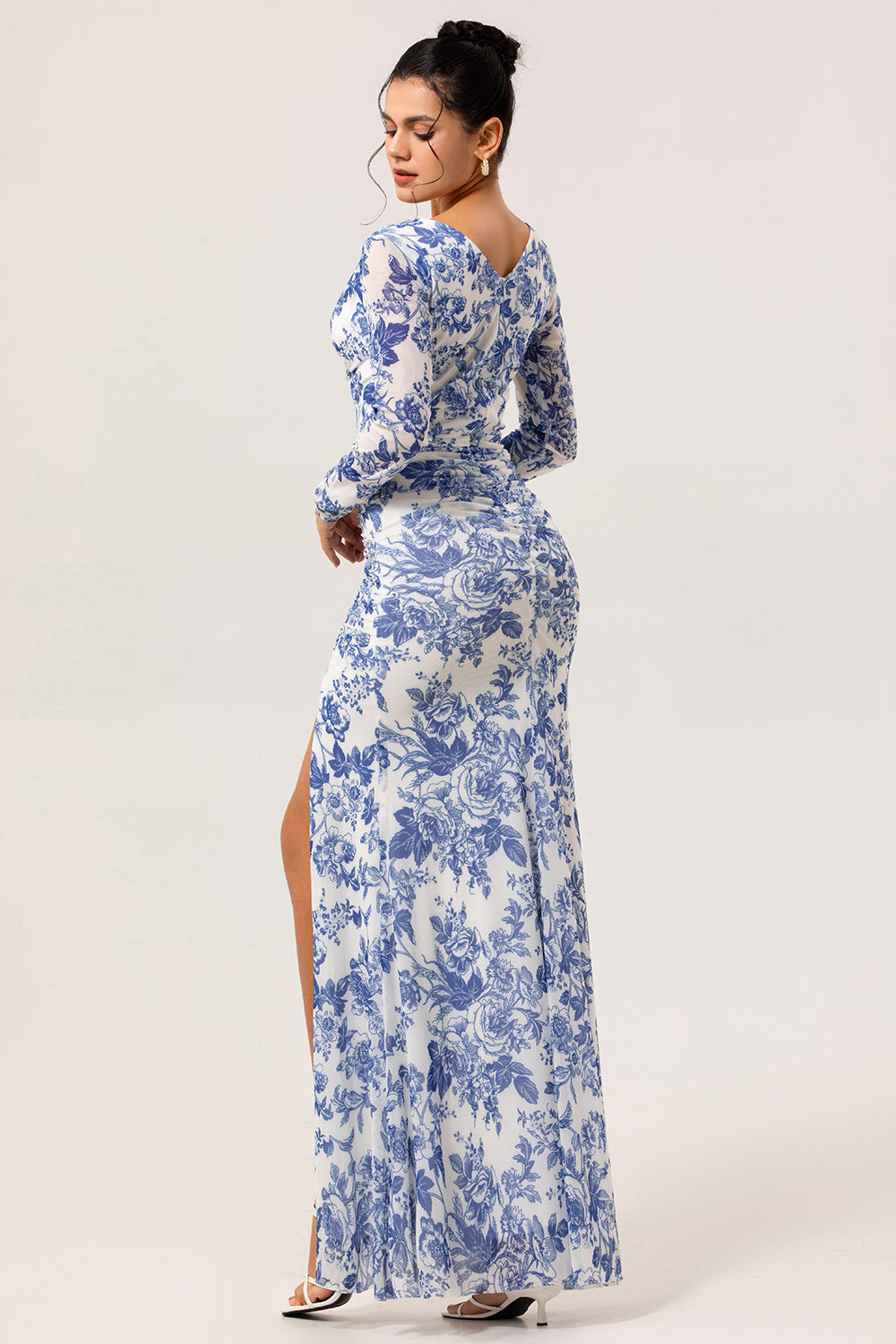 White Blue Flower V Neck Sheath Print Long Sleeves Bridesmaid Dress with Slit