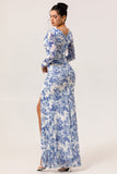 White Blue Flower V Neck Sheath Print Long Sleeves Bridesmaid Dress with Slit