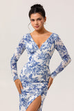 White Blue Flower V Neck Sheath Print Long Sleeves Bridesmaid Dress with Slit