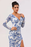 White Blue Flower V Neck Sheath Print Long Sleeves Bridesmaid Dress with Slit