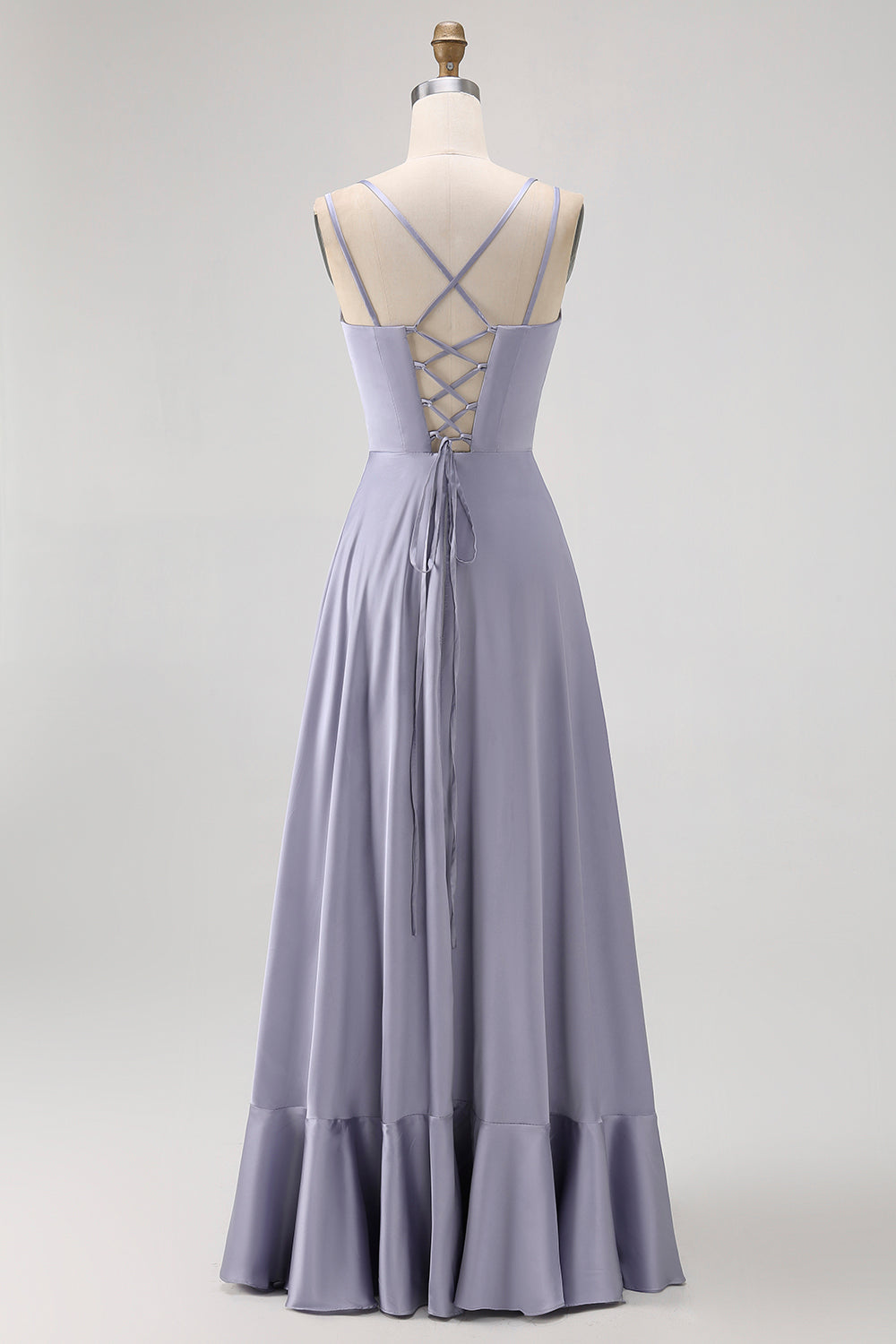 Dusty Blue A Line Long Bridesmaid Dress with Lace-up Back