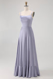 Dusty Blue A Line Long Bridesmaid Dress with Lace-up Back
