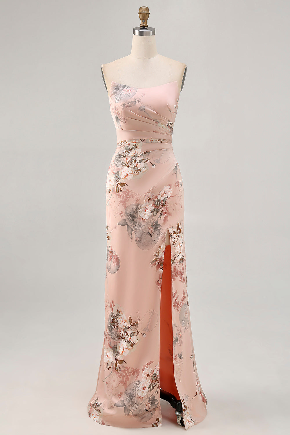 Blush Floral Strapless Sheath Bridesmaid Dress with Slit