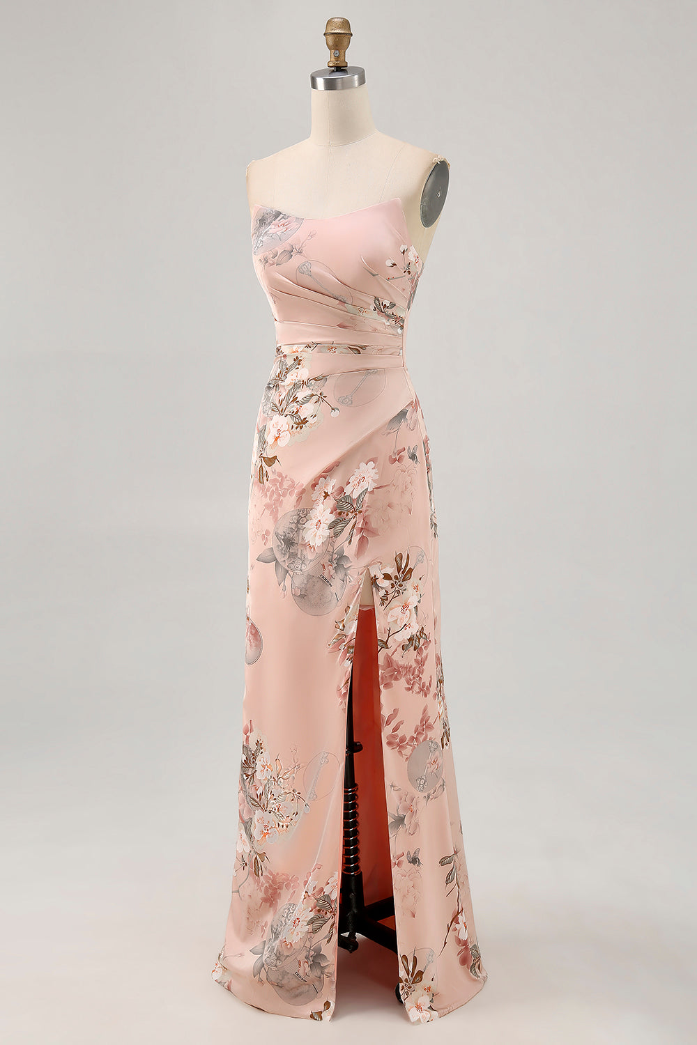 Blush Floral Strapless Sheath Bridesmaid Dress with Slit